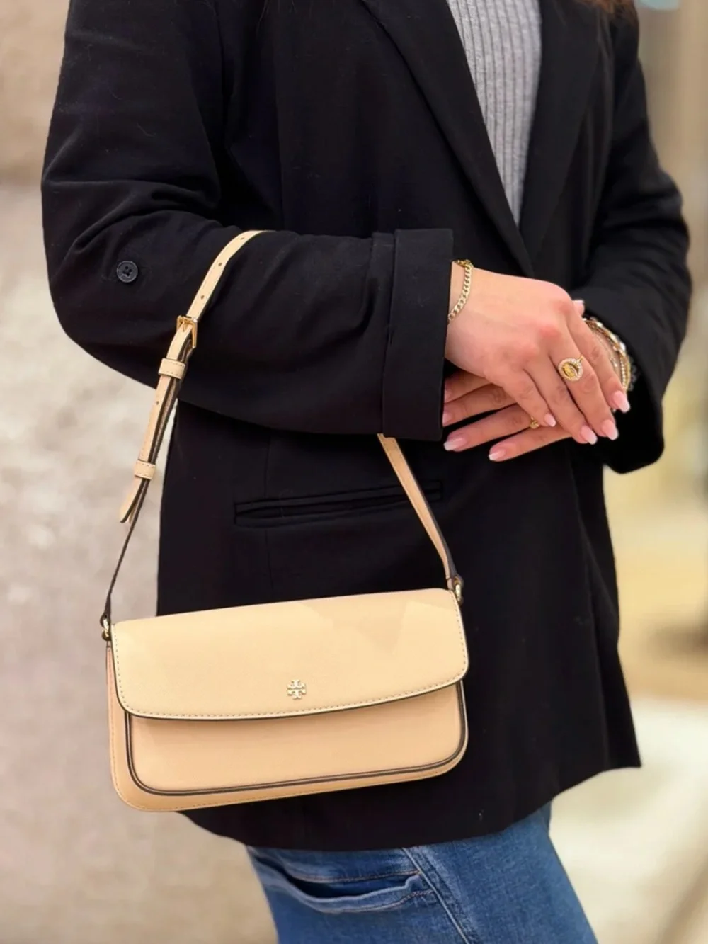 Tory Burch Leather Flap Shoulder Bag Beige Buff Gold Hardware Crossbody NWT $375